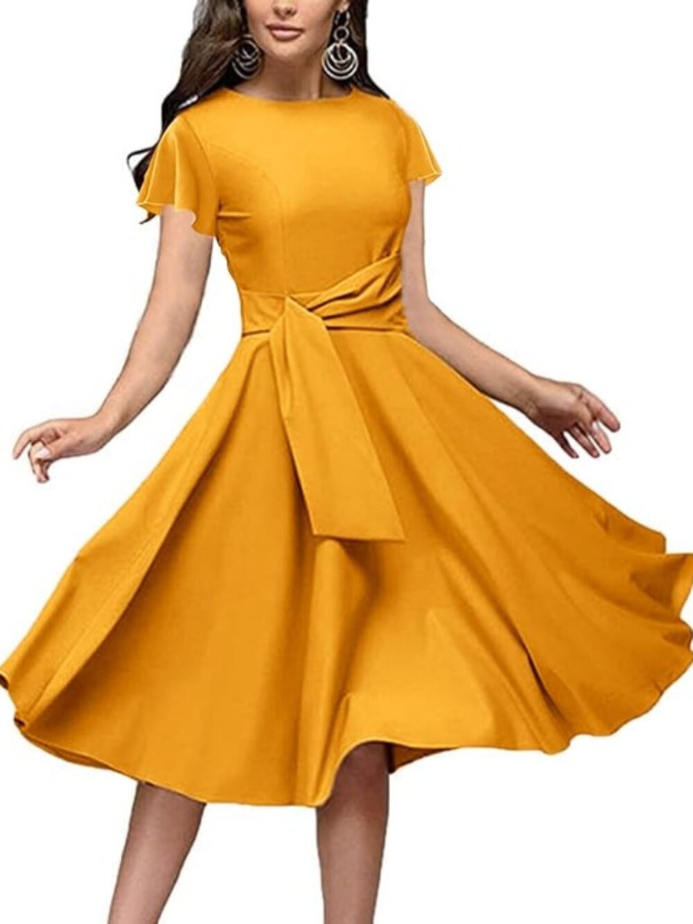 Womens Elegance Audrey Hepburn Style Ruched 3/4 Sleeve Midi A-line Dress